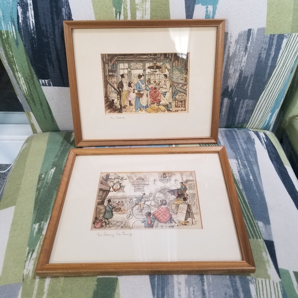 2 Vtg Anton Pieck Framed Art Prints Groces And The Penny Farthing Village Scene
